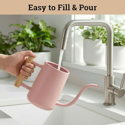 Metal Small Indoor Watering Can with Long Spout & Real Wood Handle, 35oz | Long Spout, Stainless Steel, Real Wood Handle, Gentle Flow, No Spills, Suitable for House Plants, Succulents & Seedlings - color: Pink