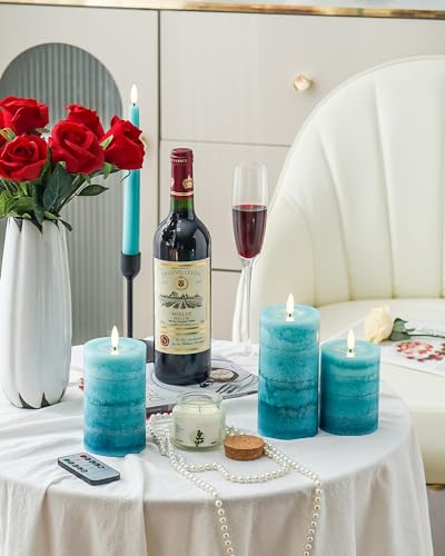 Stmarry Gradient Teal Flameless Candles with Remote and Timer, Real Wax Made LED Pillar Candles Battery Operated with 3D Flickering Flame - 3" x 4",5",6" - Set of 3 Turquoise Candles - color: Gradient Teal