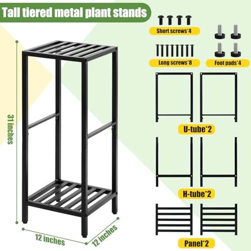 Party Zealot 2-Tier Tall Metal Square Plant Stand 31” Heavy-Duty Modern Flower Pot Rack for Indoor Living Room, Corner Side Table for Outdoor Patio, Garden, and Balcony, Black - style: Square tube - 1 pack