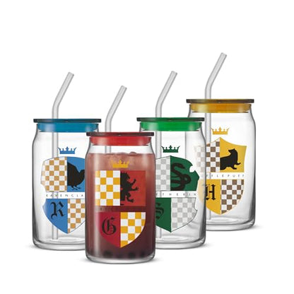 JoyJolt Harry Potter House Crests Glass Tumblers with Lids and Straws, 16oz Glass Cups with Lids and Straws, Can Shaped Drinking Glasses Set of 4, Hogwarts Cup, Harry Potter Merchandise - style: Harry Potter