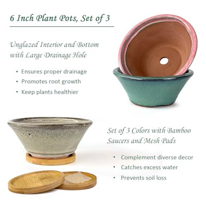 6 Inch Glazed Terracotta Succulent Pot Planter Small Plant Pot with Drainage Hole and Bamboo Saucer Cactus Ceramic Pot Set of 3 (Light Green Pink White)