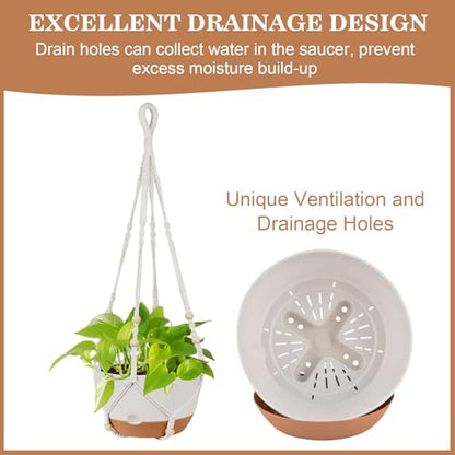 Self Watering Hanging Planter, 3 Pack 10 Inch Macrame Plant Hanger with Flower Pot, Metal Chain, S & Ceiling Hooks, Drainage Holes, Removable Saucer, Hanging Basket Holders for Indoor Plants - White - color: White