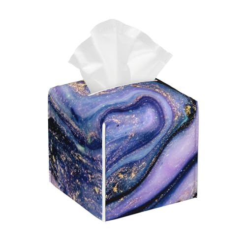 Purple and Gold Marble Tissue Box Cover Square, Abstract Art Tissue Box Holder with Bottom Belt Leather Facial Paper Organizer Dispenser for Bathroom Bedroom Dresser Night Stand Tabletop - color: Purple and Gold Marble