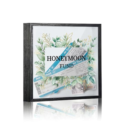 Honeymoon Fund Box, 8×8 Wedding Shadow Box Frame with Slot, Greenery Gold Foil Wedding Money Saving Decoration for Reception Bridal Shower, Travel Fund Memory Keepsake Gift -A18 - size: 8×8 greenery gold foil