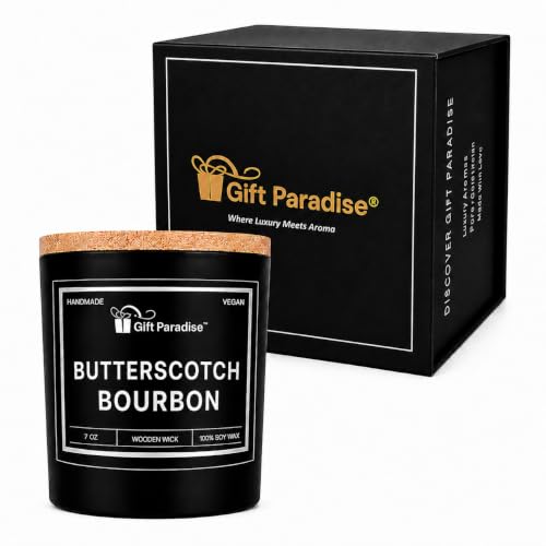 Butterscotch Bourbon Candle – 7 oz Soy Wax Wood Wick with Magnetic Gift Box, Warm Caramel Vanilla Bourbon Scent, Cozy Dessert for Home Décor, Relaxation, Fall Gifts & Housewarming