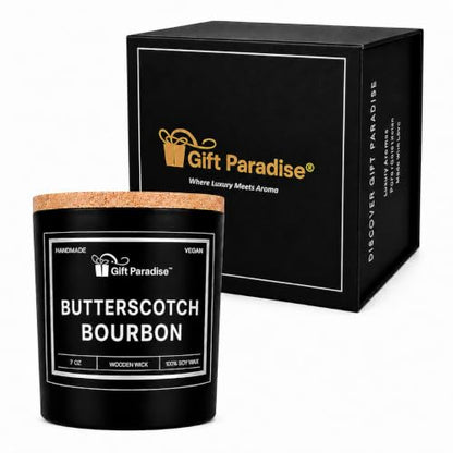 Butterscotch Bourbon Candle – 7 oz Soy Wax Wood Wick with Magnetic Gift Box, Warm Caramel Vanilla Bourbon Scent, Cozy Dessert for Home Décor, Relaxation, Fall Gifts & Housewarming