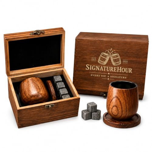 Charred Wooden SignatureHour Whiskey Glasses Wooden Set with Premium Whiskey Stones – Perfect Birthday, Anniversary, Bachelor for Men