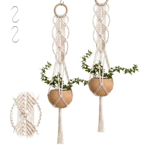Shappy 2 Pack Boho Macrame Plant Hanger, Large Hanging Planter Plant Holder Pot Hanger Hanging Basket Wall Planters, Plants Lover Gift for Indoor Garden (Wooden Ring Macrame,Cream) - color: White, size: Style C