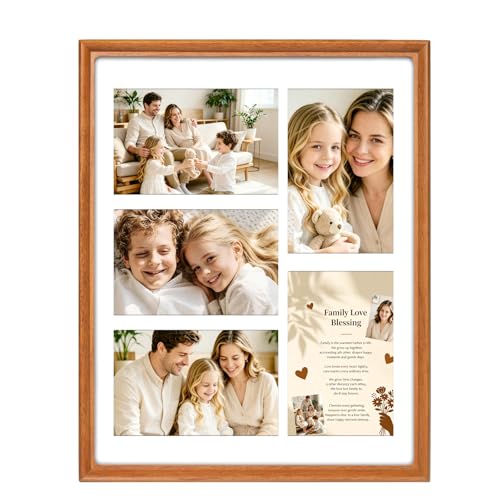 11x14 Collage Picture Frame,Premium Solid Teak Photo Frame With Tempered Glass,Displays 5 Pcs 4x6 Pictures,Handcrafted Rounded Corner,Horizontal or Vertical Wall Mounting - color: Teak, size: 11×14 5openings