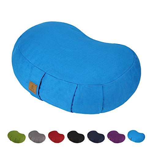 Crescent Zafu Meditation Pillow, D=17" W=11" H=5.5" Zabuton Yoga Bolster, Meditation Cushion, Floor Pouf Yoga Pillow Zippered Organic Cotton Cover Natural Buckwheat kneeling pillow - Large - color: Sky Blue