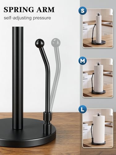 SMARTAKE Paper Towel Holder Countertop, Non-Slip Weighted Base, Black | Freestanding Kitchen Roll Dispenser, Rustproof Stainless Steel, Spring Arm for Easy Tear, Widden Top, with 4 Suction Cups - color: 02-black