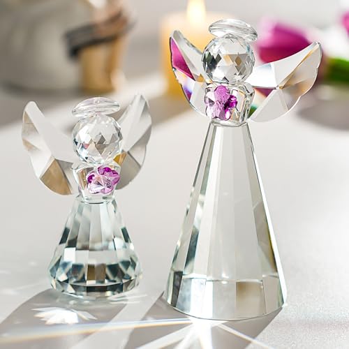 2pcs Crystal Angel Figurines Gift For Mom Art Glass Guardian Angel Statues | Christmas Angel Ornament,Home Room Decor Collectibles Memorial Gifts For Mom Women (4.5''and 3'') - style: Angel with Purple Flower-2pcs