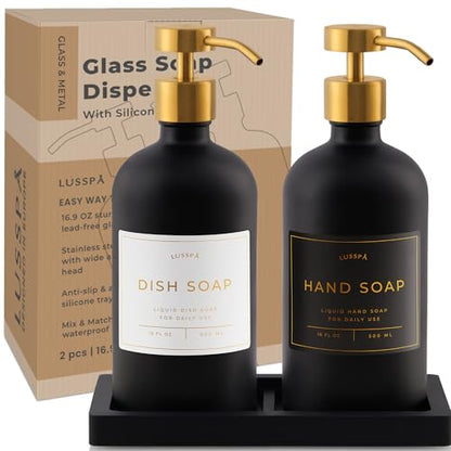 Glass Soap Dispenser Set of 2 (Black) with Silicone Tray | Hand and Dish Soap Dispenser for Kitchen and Bathroom | 16.8 Oz Glass Bottles with Stainless Steel Pump & 15 Waterproof Labels (Black/Gold) - color: Black/Gold