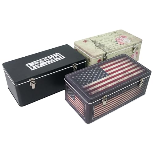 DreamsEden Tin Metal Keepsake Boxes (Set of 3) - Small Storage Box with Hinged Lid, Vintage Decorative Memory Container Case Gift Boxes for Keepsakes Wedding Card Letter Artwork Photos Seed - color: Vintage USA Flag+Tower+Black