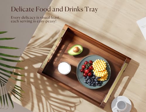 Acacia Wood Serving Tray with Metal Handles, 17x13in Large Ottoman Tray, Food Drinks Tray for Coffee Table, Breakfast, Dinner & Bar, Rustic Decorative Tray for Kitchen, Bedroom Gift Box | Perfect for Breakfast, Drinks, Decor, Appetizers and Snacks, Ideal