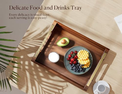 Acacia Wood Serving Tray with Metal Handles, 17x13in Large Ottoman Tray, Food Drinks Tray for Coffee Table, Breakfast, Dinner & Bar, Rustic Decorative Tray for Kitchen, Bedroom Gift Box | Perfect for Breakfast, Drinks, Decor, Appetizers and Snacks, Ideal