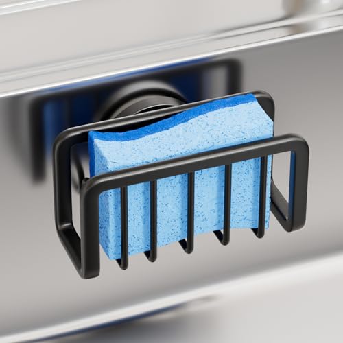 TAILI Black Sponge Holder for Kitchen Sink with Strong Suction Cup | Removable Sink Caddy for Kitchen Sink Oganizer, Rustproof Aluminum Sink Sponge Holder for Scraper Brushes, Stoppers - color: Black, size: 5.1" x 2.3"