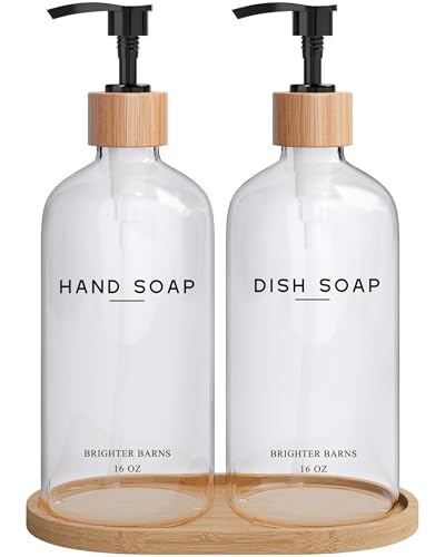 Clear Glass Hand and Dish Soap Dispenser Set by Brighter Barns - Kitchen Soap Dispenser Set with Bamboo Tray - Modern Kitchen Decor, Minimalist Decor (Clear) - color: Clear Hd