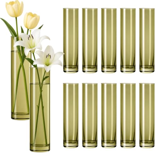 Green Glass Cylinder Bud Vases,Green Small vases Set of 12 Wedding Table Decor for Single Rose,Home Decor,Centerpieces,Arrangements - color: Green