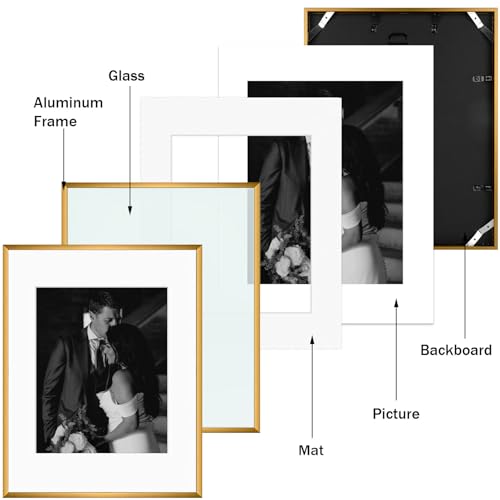 Frametory 7 Pack Aluminum Picture Frame with Mat for Gallery Wall, Bronze | Set includes one 11x14, two 8x10, four 5x7 frames with glass fronts, removable mats, and built-in hangers for wall mounting - color: Bronze