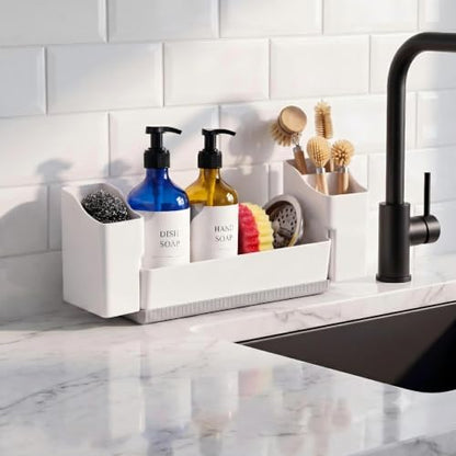 Sponge Holder for Kitchen Sink with Drying Stone, White | Kitchen Caddy Sink Organizer, 2 Removable Cups, Premium ABS, Anti-Slip, 12.7" Sponge and Soap Holder for Kitchen Counter - color: White
