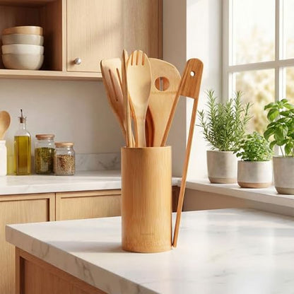 Kitchen Utensils Set of 8 PCS, 12Inches Bamboo Wooden Cooking Spoon & Spatula Tools Perfect for Non-Stick Cookware (Bamboo 12inches) - size: 8 Pieces (12 inches)