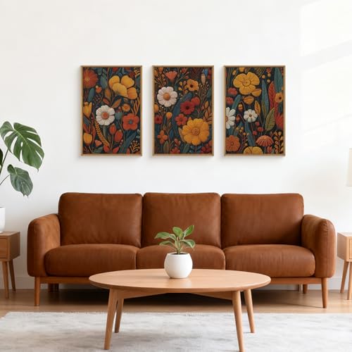 Large Boho Floral Framed Canvas Wall Art Set 16"x24"x3 | Vintage Orange Flowers Wall Decor Abstract Botanical Art Rustic Neutral Wildflower Artwork Bedroom Living Room Office - color: Boho Floral Wall Art, size: 16"L x 24"W