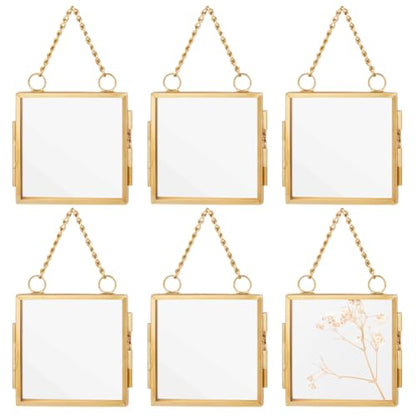 OLYCRAFT 6Pcs 2.1x2.1 Inch Gold Mini Glass Hanging Frame with Chain | Metal Picture Frames, Double Glass Floating Frames, Wall Hanging Artwork Display Frame for Pressed Flowers Leaf and Artwork - size: 2.1x2.1 Inch