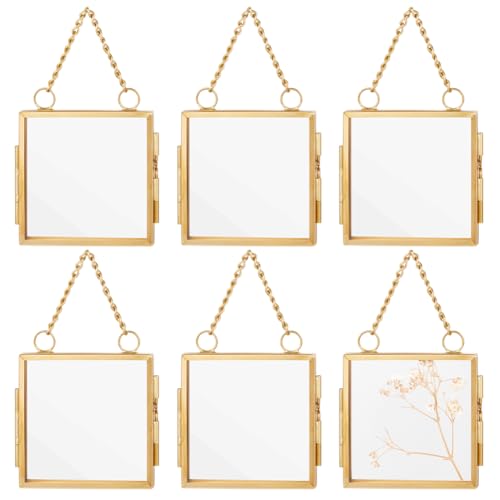 OLYCRAFT 6Pcs 2.1x2.1 Inch Gold Mini Glass Hanging Frame with Chain | Metal Picture Frames, Double Glass Floating Frames, Wall Hanging Artwork Display Frame for Pressed Flowers Leaf and Artwork - size: 2.1x2.1 Inch