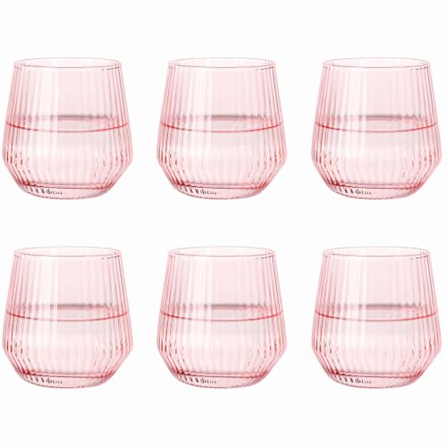 Pink Stemless Wine Glasses Set of 6, 12.5 Oz Lead-Free Ribbed Drinking Glass Cup for Wine, Cocktails, Champagne and Whiskey, Ideal Gifts for Weddings, Bars, Christmas, Halloween,Party, Daily Use - color: Pink, size: 12.5 Ounces