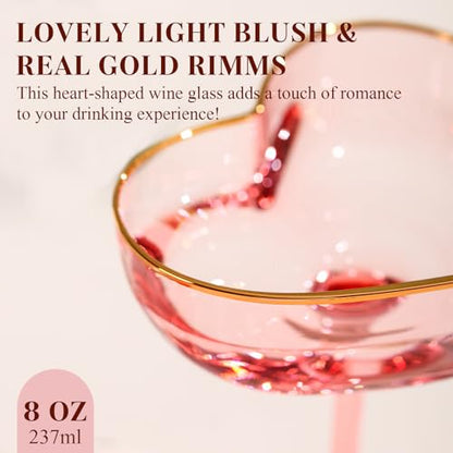 Pink Coupe Glasses Set of 2, Heart-Shaped Martini Glasses with Golden Rim, Fancy Manhattan, Cosmopolitan, Sidecar Cocktail Glassware for Wedding, Mothers Day, Birthdays, Anniversary- 8oz - size: 2 Count(Pack of 1)