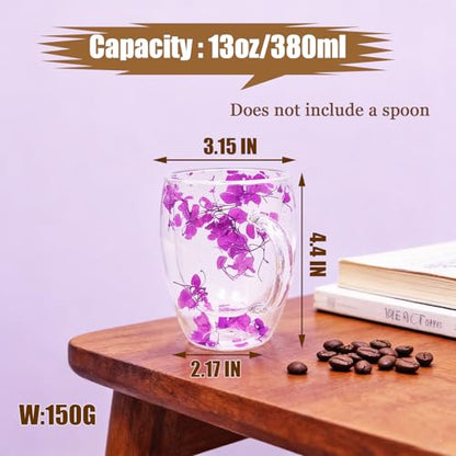 Viovian 13oz Double Wall Glass Coffee Mugs Set of 2 Insulated Glass Coffee Cups with Handles,Clear Dried Flower Tea Mug for Hot Beverages,Tea Cup Women Birthday Gifts - color: 13oz double wall glass mugs set of 2（Purple Hydrangea）