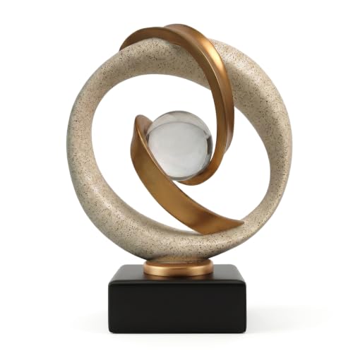FJS Abstrac Art Sculpture Living Room Decor, Modern Art Statue Home Decor | Resin Art Statue with Decorative Sphere and Blakc Base for Living Room, Bookshelf, Coffee Table, Office, Mantel and Entryway - color: Cream and Gold