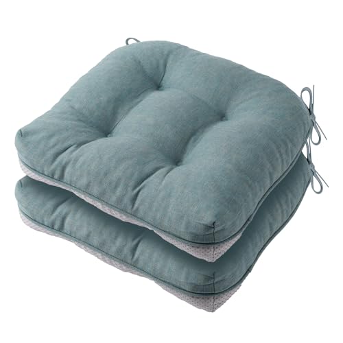 Battilo Kitchen Chair Cushions Set of 2, 15.5"x15.5"x4", Dusty Blue | Chair Cushions for Dining Chairs with Non-Slip Backing, Indoor/Outdoor Waterproof Chair Seat Pads with Ties - color: Grayish Blue, size: 2 Count(Pack of 1)