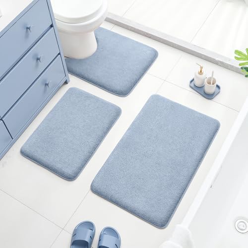 HOMEIDEAS Upgraded Bathroom Rugs Set 3 Piece, Ultra Soft Memory Foam Bath Mats, Super Absorbent Non Slip Washable U-Shaped Toilet Bath Rug (Blue, 17"x24"+20"x32"+U-Shaped 20"x24") - color: Blue