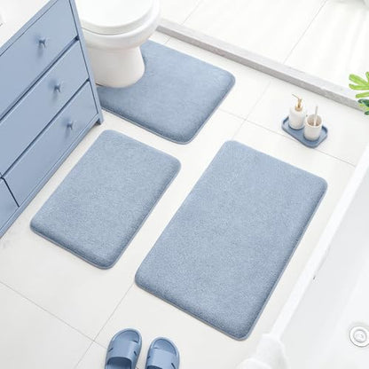 HOMEIDEAS Upgraded Bathroom Rugs Set 3 Piece, Ultra Soft Memory Foam Bath Mats, Super Absorbent Non Slip Washable U-Shaped Toilet Bath Rug (Blue, 17"x24"+20"x32"+U-Shaped 20"x24") - color: Blue