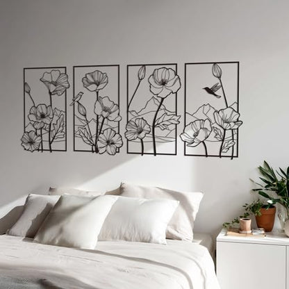deeinglif Black Metal Wall Art Set of 4, 3D Metal Wall Decor for Living Room Bedroom Bathroom, Abstract Floral Mountain Nature Wall Sculptures, Modern Minimalist Iron Wall Art, 12 x 17 Inch