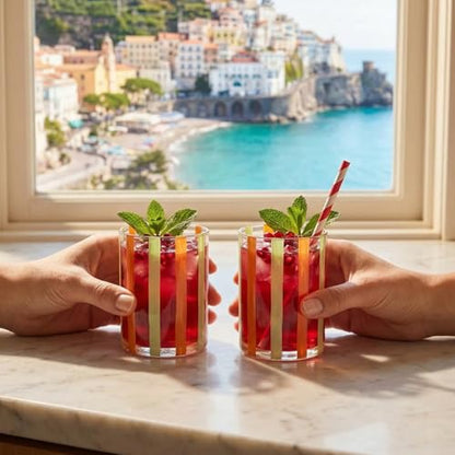 Capri Italian Design Cylindrical Tumblers, 2 Set Olive & Orange Summer Glasses Modern Cups for Water Juice Cocktail Iced Beverage Kitchen Bar Table Drinkware Entertaining Home Decor Housewarming Gifts
