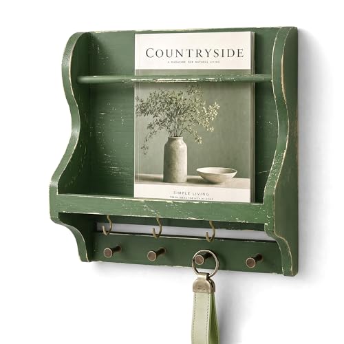 Pine Wood Mail Organizer Wall Mount with 7 Key Hooks for Room Decor, Green | Mail Holder for Wall, Key Hanger for Sunglasses and Wallets, Mail, Farmhouse Magazine Holder, Home Organization, Wood Decor - color: Green