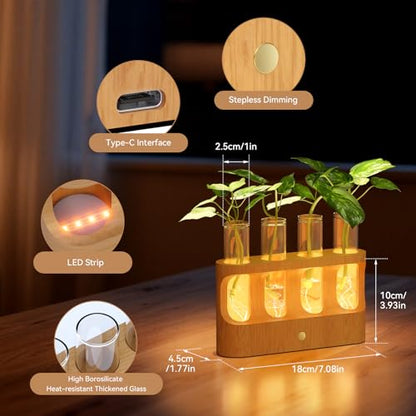 Rechargeable Plant Propagation Station with Stepless Dimming Lights | Wooden Stand, 4 Glass Test Tubes, Home Decor for Hydroponic Plants, Unique Gifts for Women & Plant Lovers