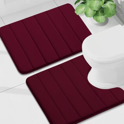Buganda Memory Foam U-Shaped Toilet Rug Bath Mat Sets 2 Piece, 24x16+24x20 | Burgundy, Bathroom Mat and Contoured Toilet Rug, Machine Wash Dry, Soft Absorbent Bath Rug for Bathroom, Shower and Tub - color: Burgundy, size: 24" X 16"+24" X 20"