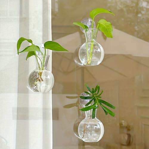Suction Cup Plant Propagation Bulbs, Wall Hanging Plastic Terrarium Planter, Window Hydroponics Vase Tubes, Easy Install No Nails Plant Station for Home Bathroom Office Living Room Decor Plant Decor