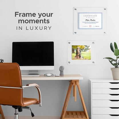 Rebecca Luxurious-7x9 Frameless Acrylic Picture Frame 7x9 Inch - Ultra Clear 4mm Acrylic Floating Frame with Silver Brackets - Easy Wall Installation for Certificates, Graduation, Family Photos, Documents - Modern Photo Display - size: 7x9