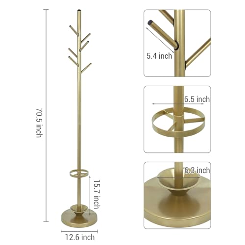 MyGift Freestanding Coat Rack, Modern Brass Tone Metal Hat Organizer Tree and Umbrella Holder Stand with 6 Hanger Hooks for Hanging Clothes Purse Bag Jacket - color: Brass