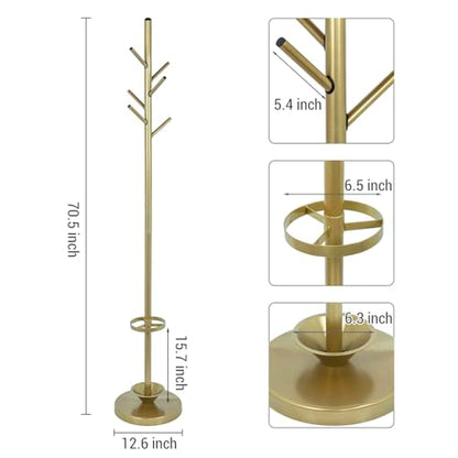 MyGift Freestanding Coat Rack, Modern Brass Tone Metal Hat Organizer Tree and Umbrella Holder Stand with 6 Hanger Hooks for Hanging Clothes Purse Bag Jacket - color: Brass