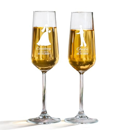 Personalized Bride and Groom Champagne Flutes – Engraved Wedding Glasses with Silhouette Design, Custom Names & Date, Wedding Toast Glasses (Champagne Flutes-D4) - color: Champagne Flutes-D4