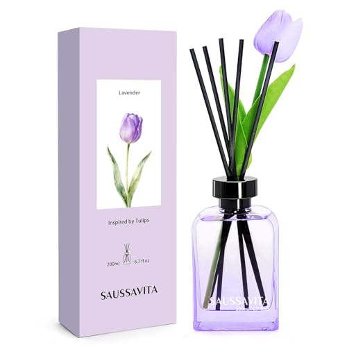 Flower Reed Diffuser Set Lavender Scent 6.76 oz for 120 Days Small Spaces | Floral Scent, Purple Tulip, Vintage Rectangular Bottle, Long Lasting, Narrow Spaces, Office Shelf Decor,Valentine's Day Gift - color: Lavender