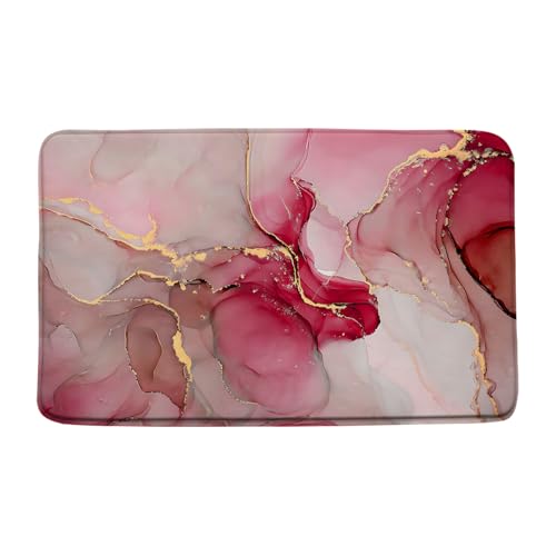 Red Pink Marble Bath Mat Modern Abstract Red Pink Marble Texture Gold Stripes Elegant Bathroom Decor Rug Doormat Toilet Floor Rug,16x24 Inch - color: Red Pink, size: 1'4" x 2' (Rectangular)
