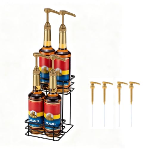 Coffee Syrup Organizer, 4 Bottle Syrup Rack Stand, 2 Tier | Coffee Bar Storage Organizer with 4 Pump, Wine Dressing Holder for Countertop Kitchen, Black - color: 4 Bottle Capacity