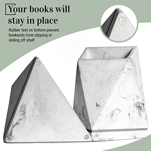 Marble Style Bookends - Decorative, Heavy Duty Book Holder for Shelves, Non Skid, Unique Design (White)
